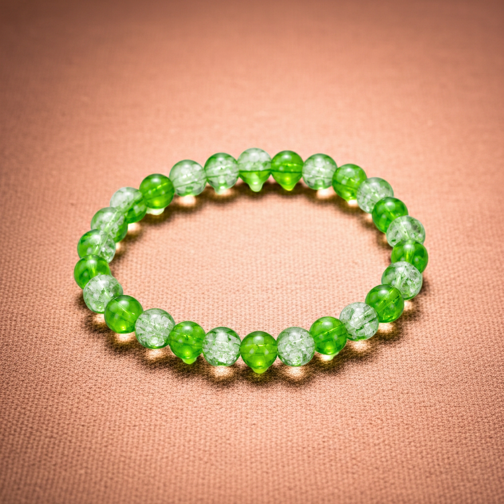 A beaded stretch bracelet made of green translucent and opaque round beads with small gold spacer beads, displayed on a textured brown background. Dreamy Designs.