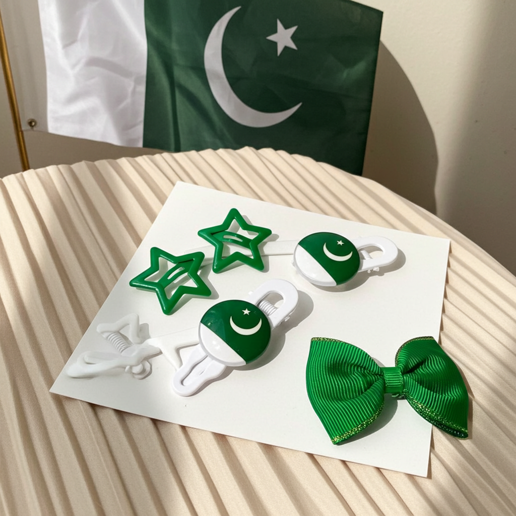 A set of Pakistan-themed hair accessories on a white backing card, featuring a green and white crescent and star bow, three crescent and star clipper clips, and two crescent and star ball clips, displayed on a beige pleated surface with a Pakistani flag in the background.