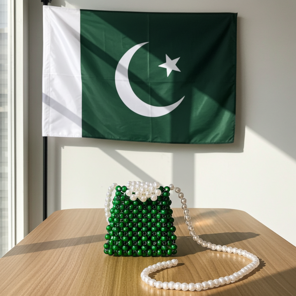 A green and white beaded handbag with a pearl strap sits on a wooden table in front of a Pakistan flag hanging on a wall.