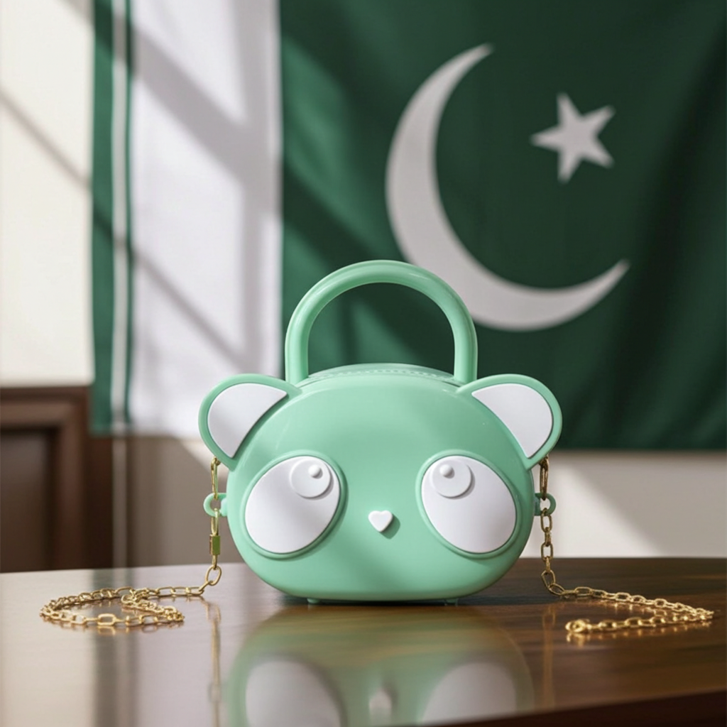 A mint green handbag shaped like a cartoon bear face with large white eyes, a gold chain strap, and a top handle, displayed on a wooden table with a green and white flag in the background.