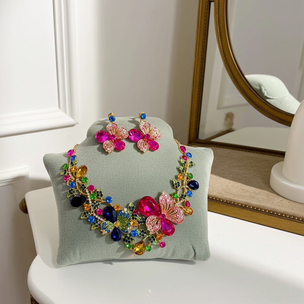 Multi Coloured Floral Crystal Necklace Set