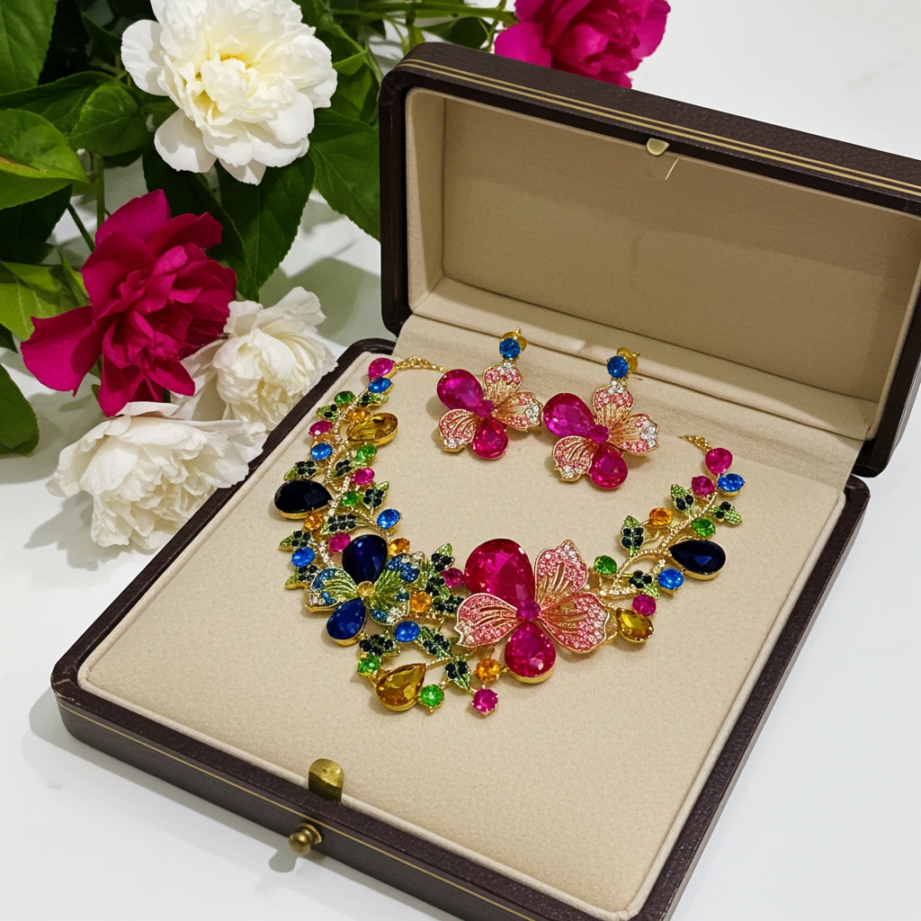 Multi Coloured Floral Crystal Necklace Set
