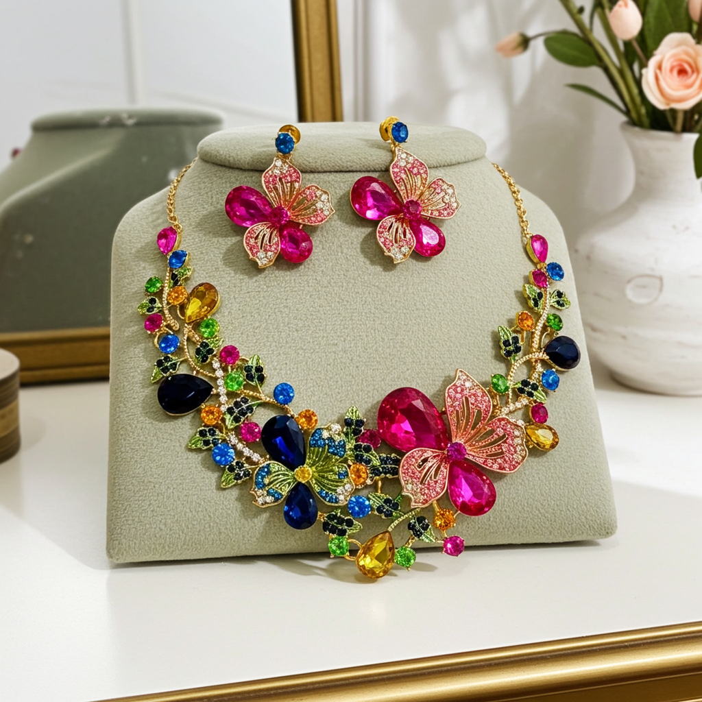 Multi Coloured Floral Crystal Necklace Set