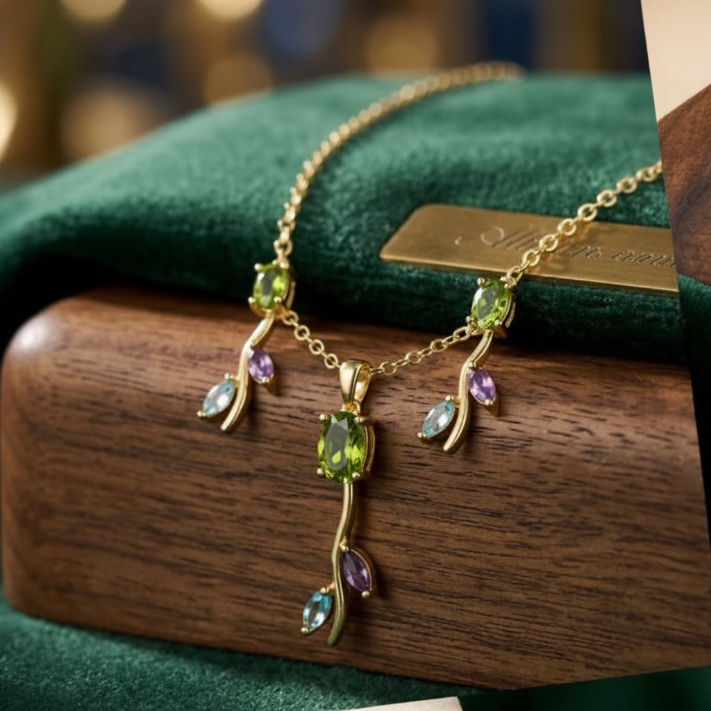Gold necklace with green and purple gemstones on a wooden surface