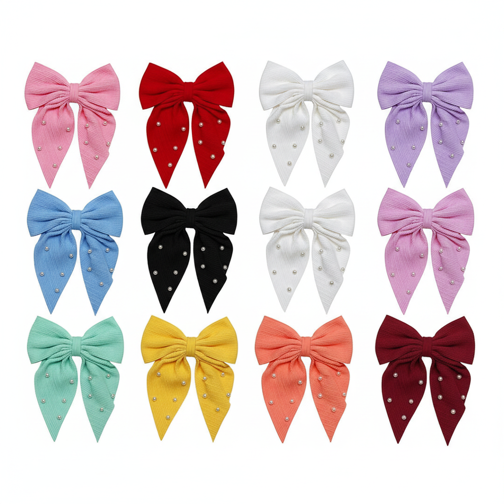 Collection of colorful polka dot bows on a white background
