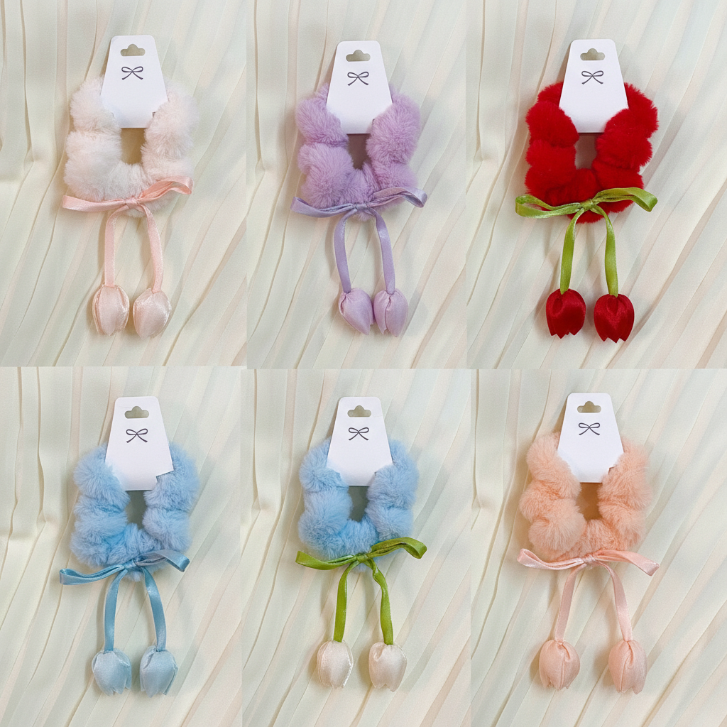 Set of colorful plush toys with tags on a wooden surface