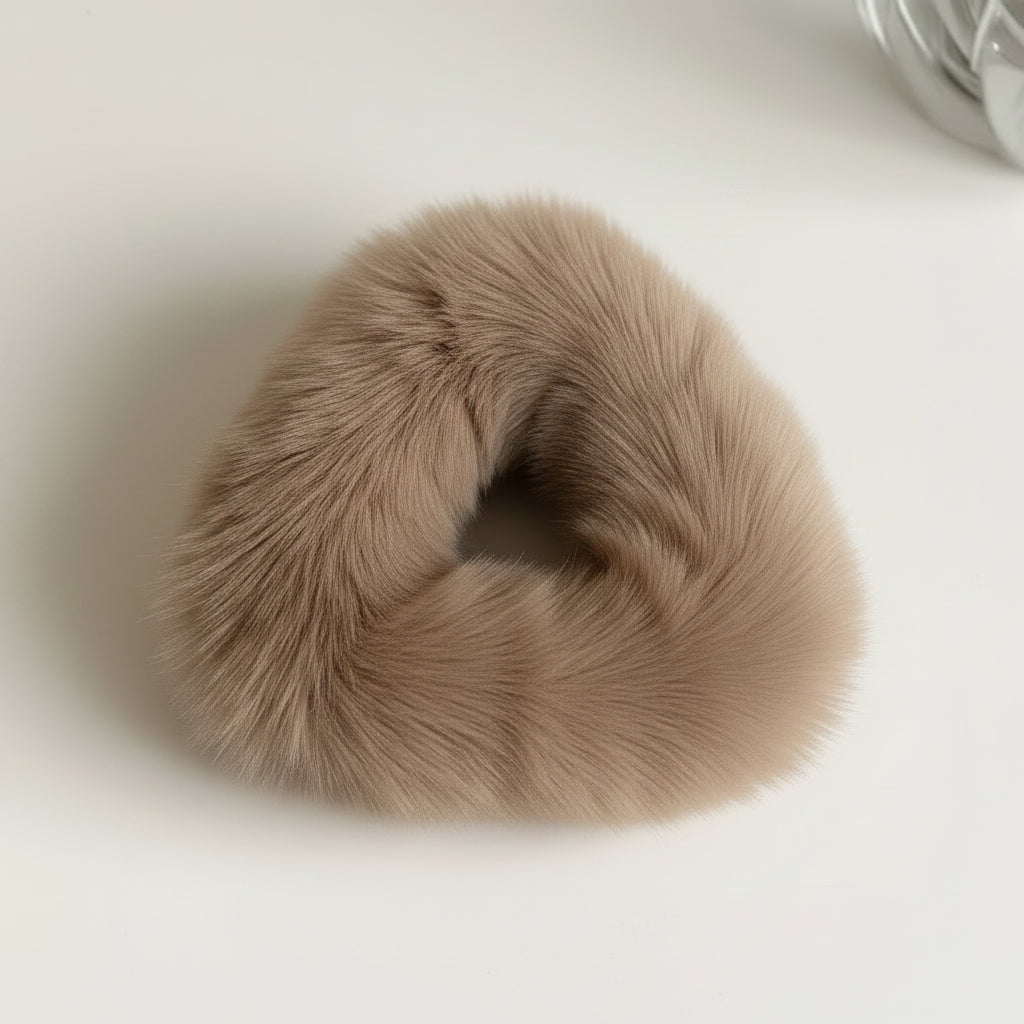 Beige fuzzy scrunchie on a white surface