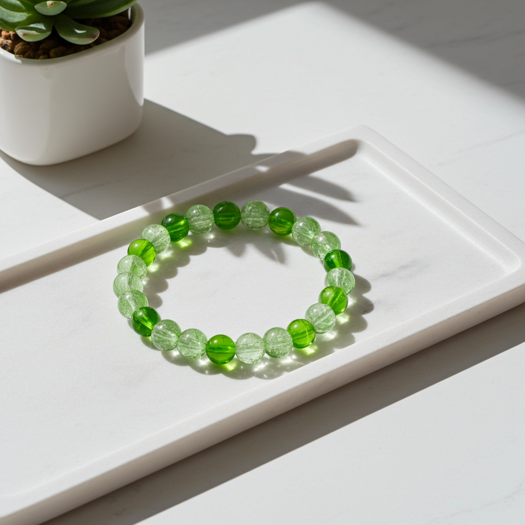 A beaded stretch bracelet made of translucent green and clear round beads, displayed on a white rectangular tray with a small potted succulent in the background.