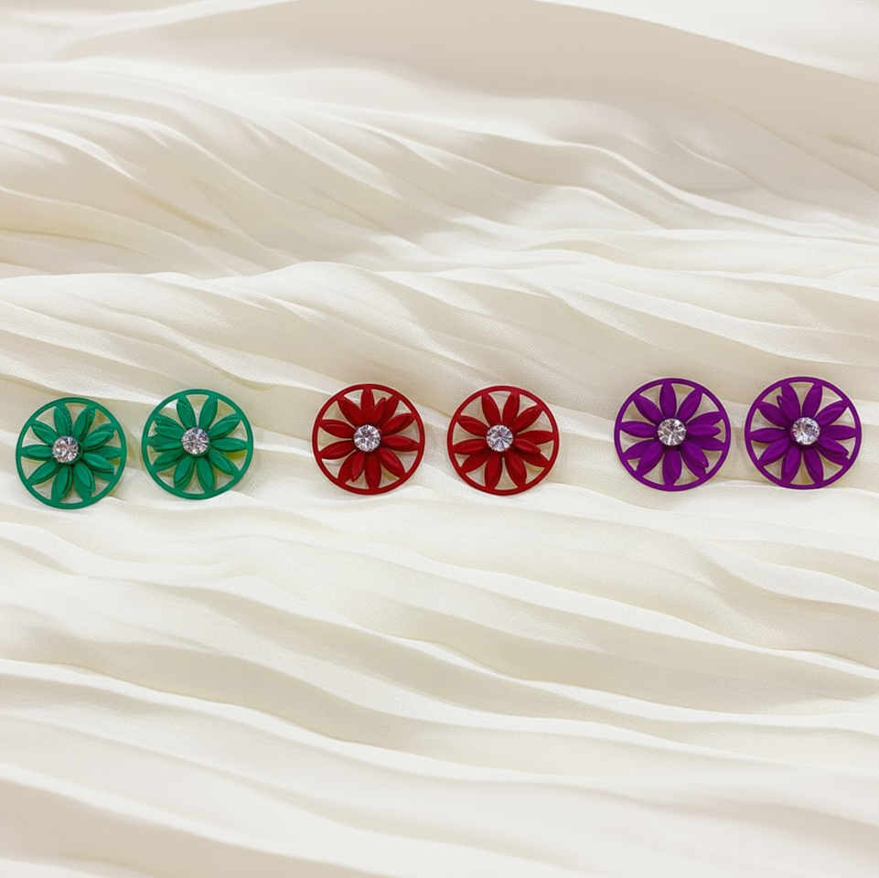 Flower Earrings - Green, Red & Purple