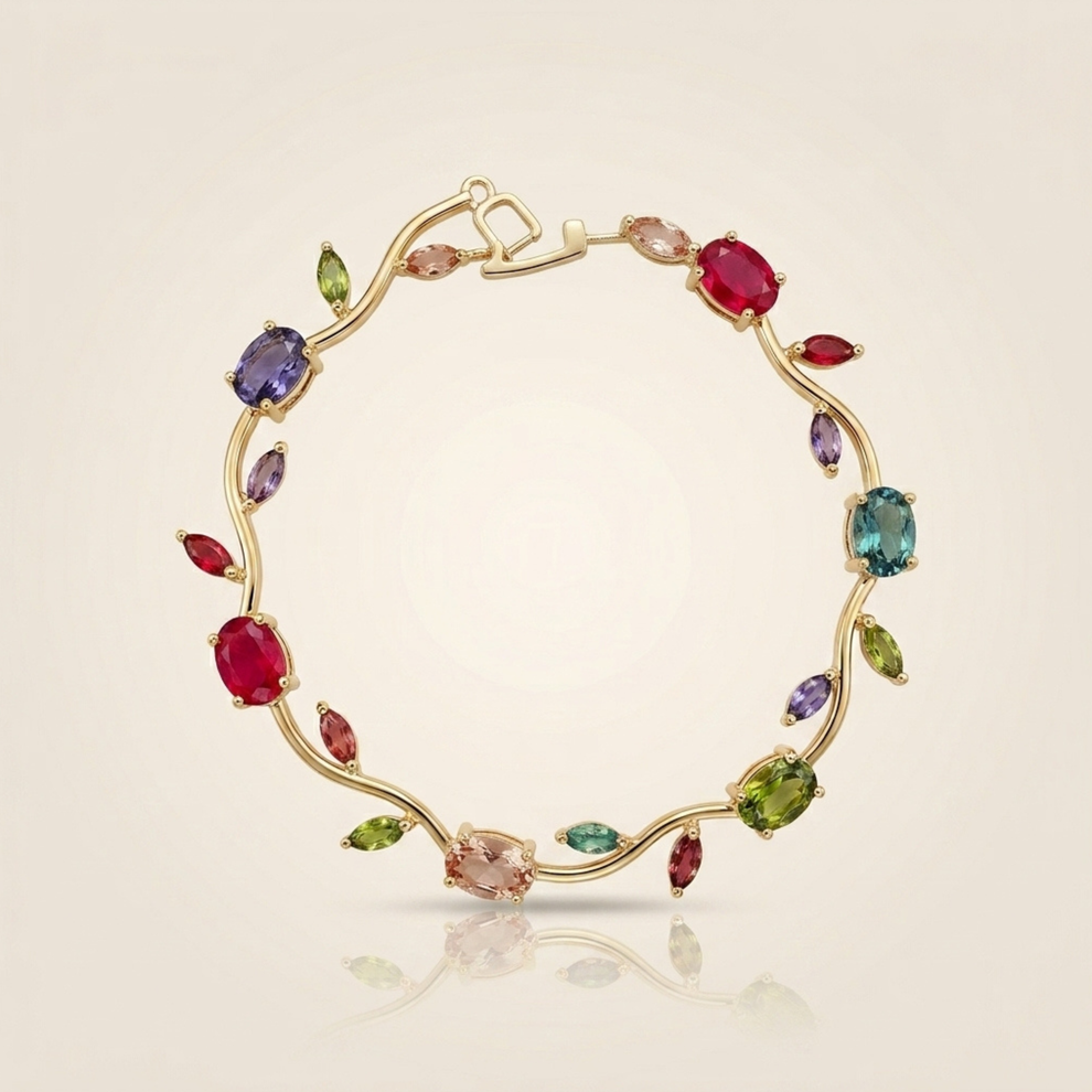 Gold bracelet with multicolored gemstones on a beige background
